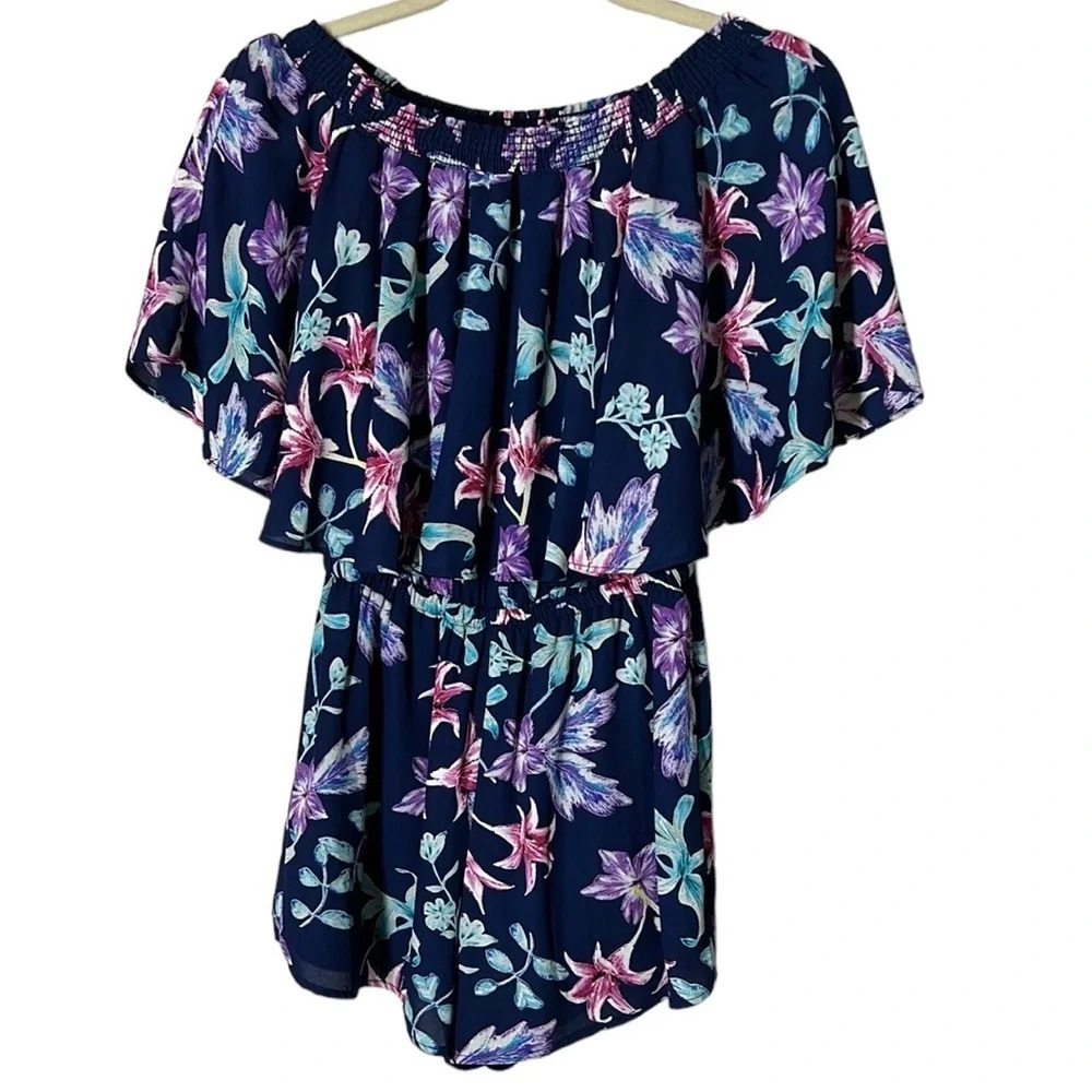 Show Me Your Mumu Rosarito Shorts Romper. Floral Navy. Sz S. Offshoulder.